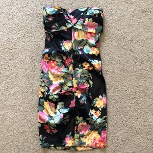 Strapless floral fitted semi formal dress